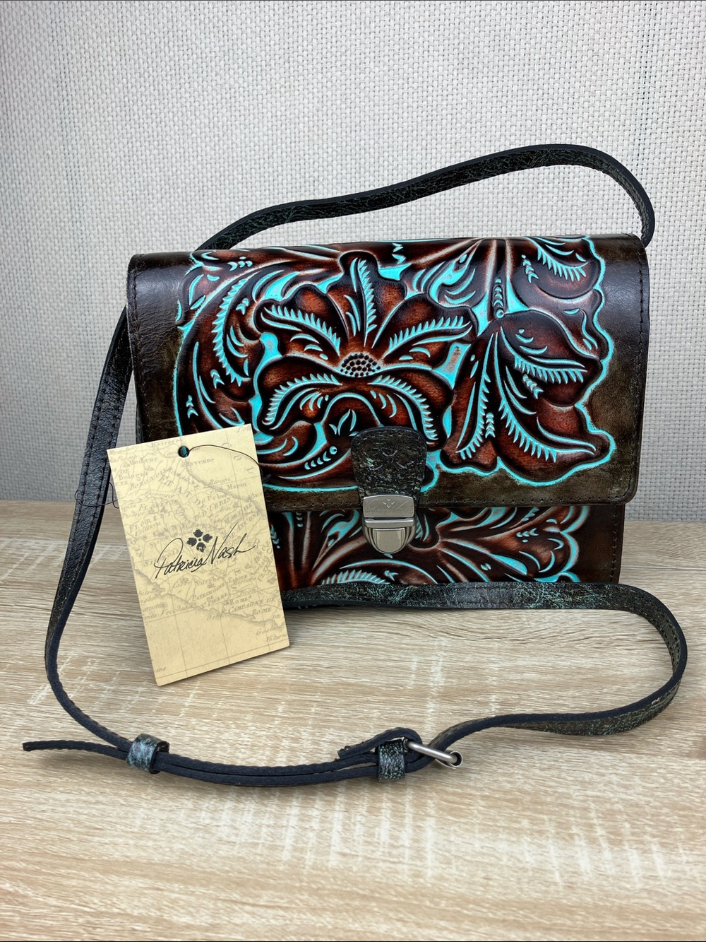 Patricia Nash Locri Tooled Leather Purse Brown Turquoise Crossbody NWT